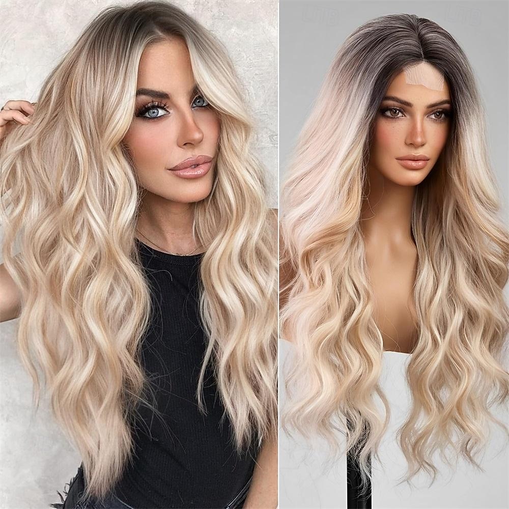 Parrucca ondulata lunga marrone con riflessi per le donne Parrucca ondulata riccia con parte centrale Parrucca in fibra sintetica resistente al calore dall'aspetto naturale per l'uso quotidiano nelle del 2025 a $25.99 –P14