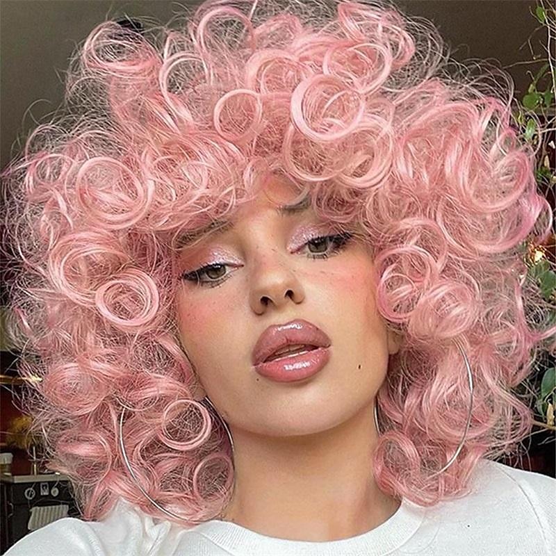 14 Zoll lockige Perücken für schwarze Frauen kurze lockige Perücke mit Pony große lockere süße krause lockige Haare synthetische weiche Perücken für täglichen Partys-Cosplay Halloween-Perücken 2025 - $21.99 –P5