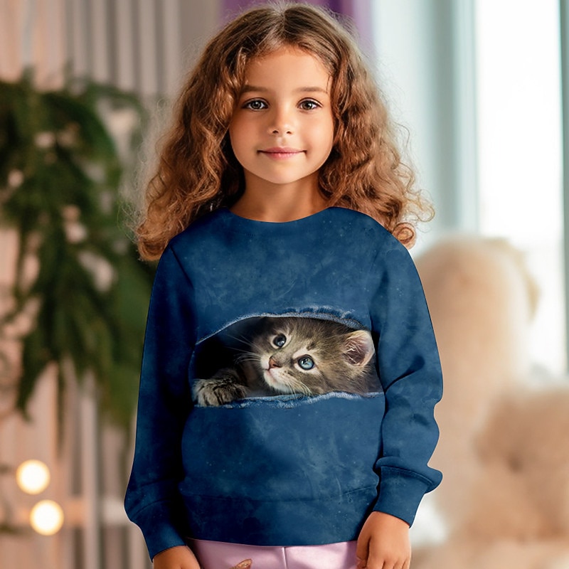 Flickor 3D Katt Tröja Pullover Långärmad 3D-tryck Vår Höst Mode Streetwear Förtjusande Barn 3-12 år Rund hals Utomhus Ledigt Dagligen Normal 2025 - $16.49 –P1