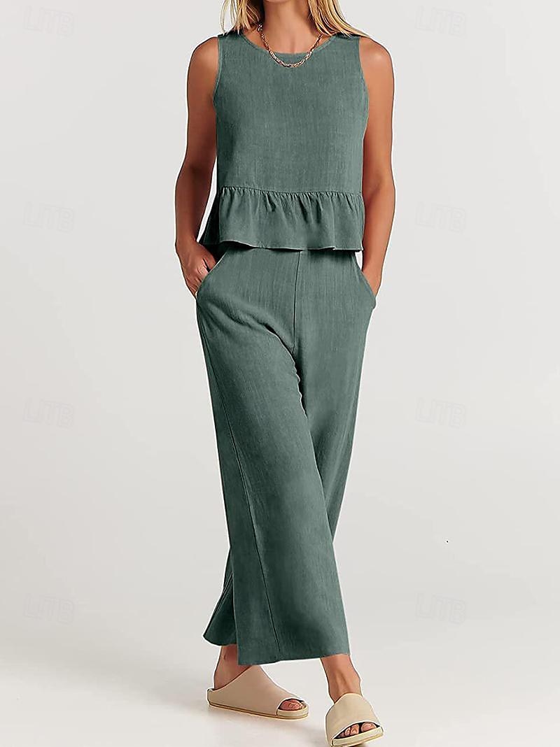 Linen Set Tank Cotton Linen Shirts Set Women's Black Army Green Navy Blue Solid Color Ruffle 2 Piece Street Daily Fashion Round Neck Cotton Linen Regular Fit S 2025 - $38.99 –P2