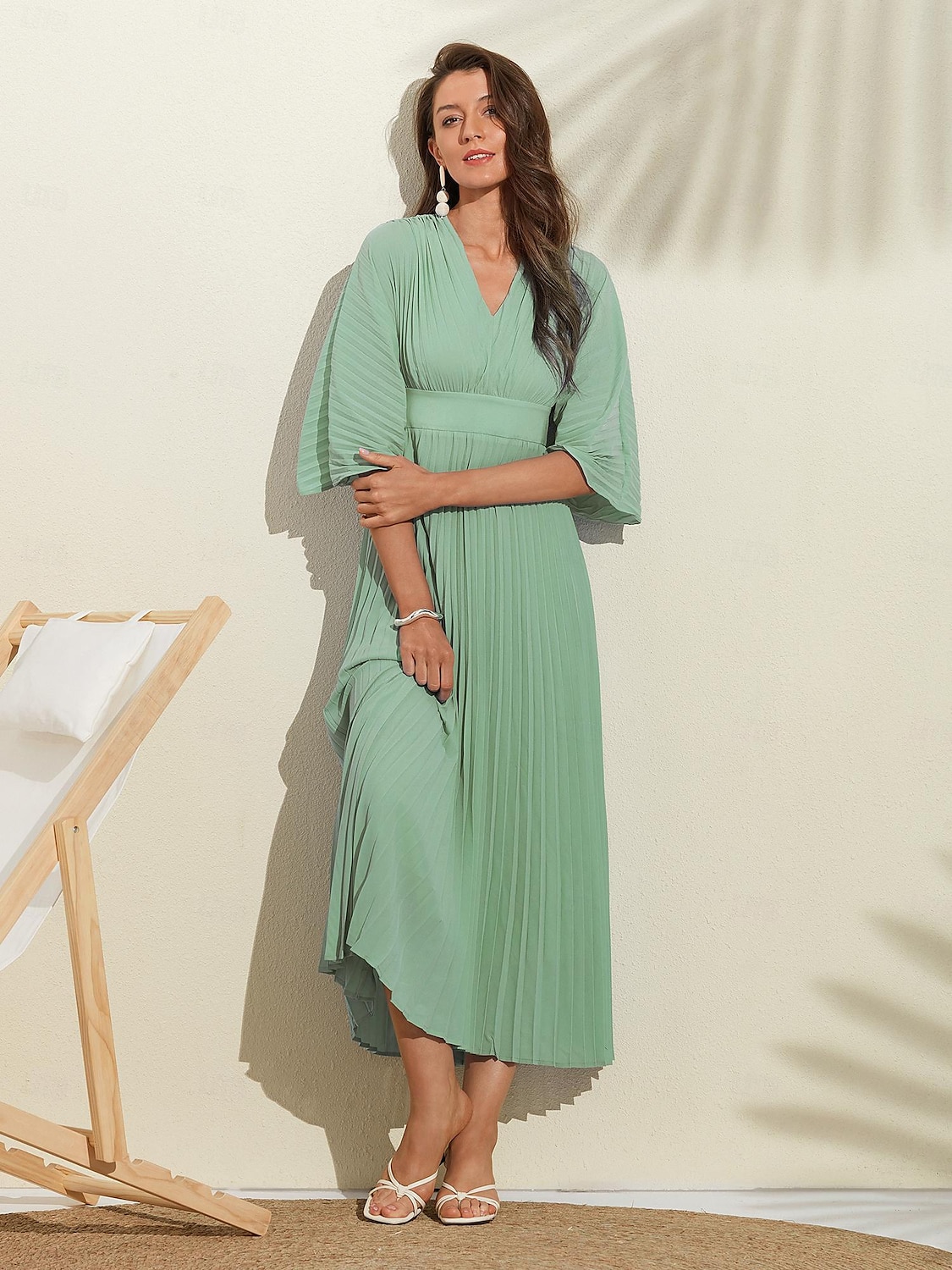robe d'invité de mariage pour femme maxi bleu col en v manches dolman plissée en mousseline de soie de 2025 ? $82.99 –P12