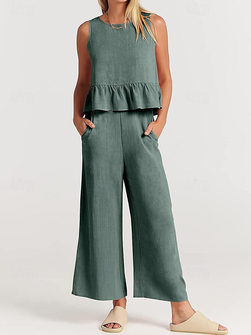 Linen Set Tank Cotton Linen Shirts Set Women's Black Army Green Navy Blue Solid Color Ruffle 2 Piece Street Daily Fashion Round Neck Cotton Linen Regular Fit S 2025 - $38.99 –P1