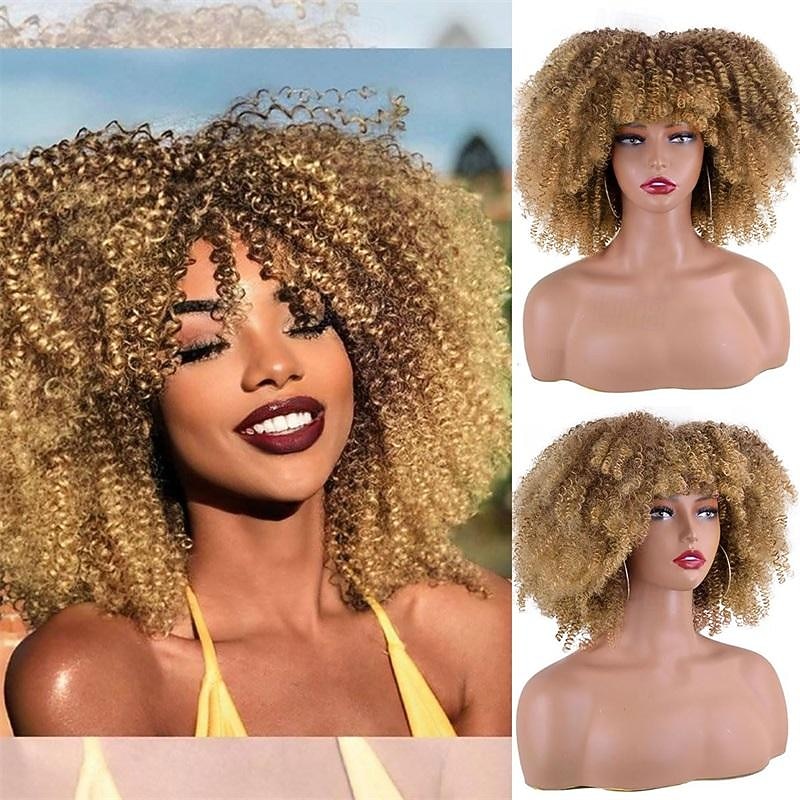 Afro Kinky Curly Wig with Bangs 12 Inches Synthetic Full Wigs Heat Resistant Short Kinky Curly Wigs for Daily Party Halloween Wigs 2025 - $21.99 –P16