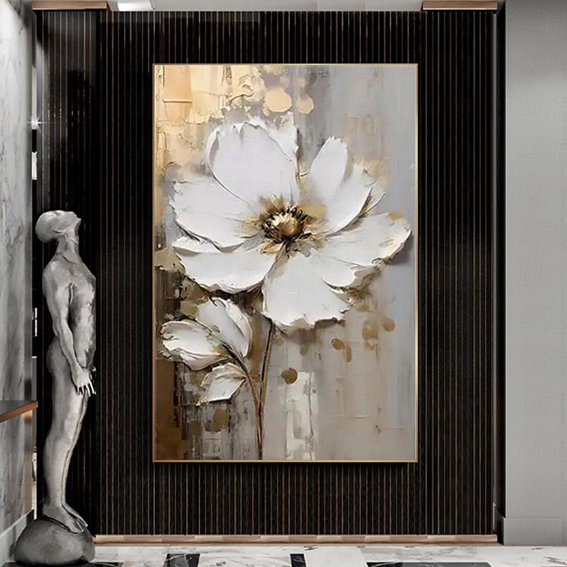 Handgemaltes großes Blumentexturgemälde, 3D-Texturgemälde, abstraktes Goldblumengemälde, originales goldenes Wandkunst-Blumengemälde für Wohnzimmer, Heimdekoration, gespannter Rahmen, fertig zum 2025 - $150.99 –P5