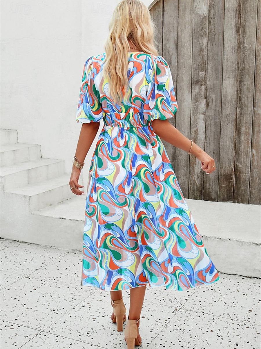 robe décontractée pour femme imprimé floral col en V robe midi ethnique bohème vacances manches courtes été de 2025 ? $29.99 –P12