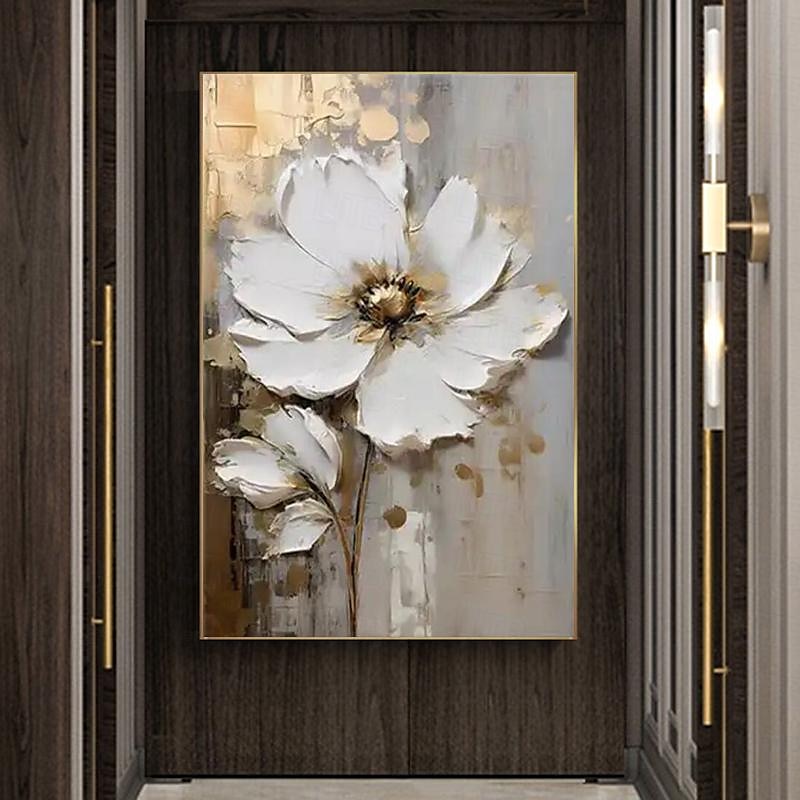 Handgemaltes großes Blumentexturgemälde, 3D-Texturgemälde, abstraktes Goldblumengemälde, originales goldenes Wandkunst-Blumengemälde für Wohnzimmer, Heimdekoration, gespannter Rahmen, fertig zum 2025 - $150.99 –P4