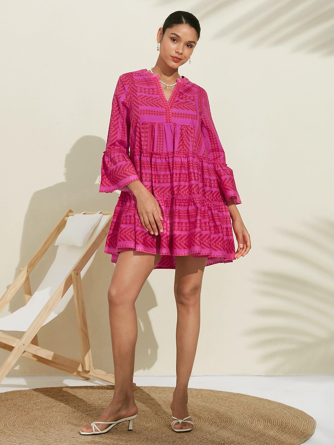 Damskie Codzienne sukienki Letnie sukienki Różowa sukienka Rumiany róż Rękaw 3/4 Geometryczny Wzór w paski %100 Pamuk Falbana Falbany Luźna Wiosna i lato Boho Walentynki Prosty styl mody Urlop Plaża 2025 - $135.99 –P5