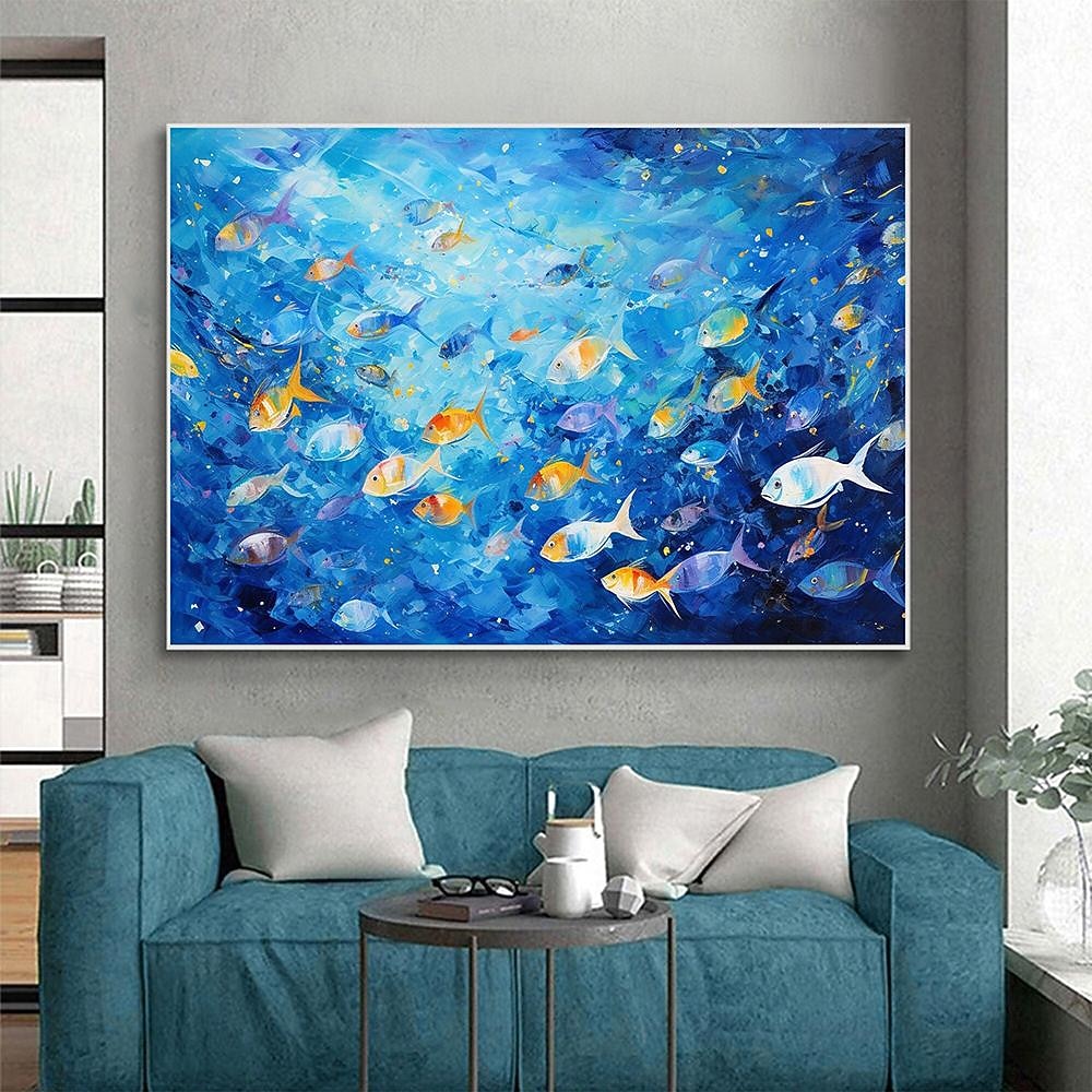 Hand painted Abstract Swimming Fishes Oil Painting on Canvas Extra Large Handmade Wall Art  Blue Ocean Art painting Custom Painting Minimalist artwork for Living Room Decor 2026 - $108.99 –P3