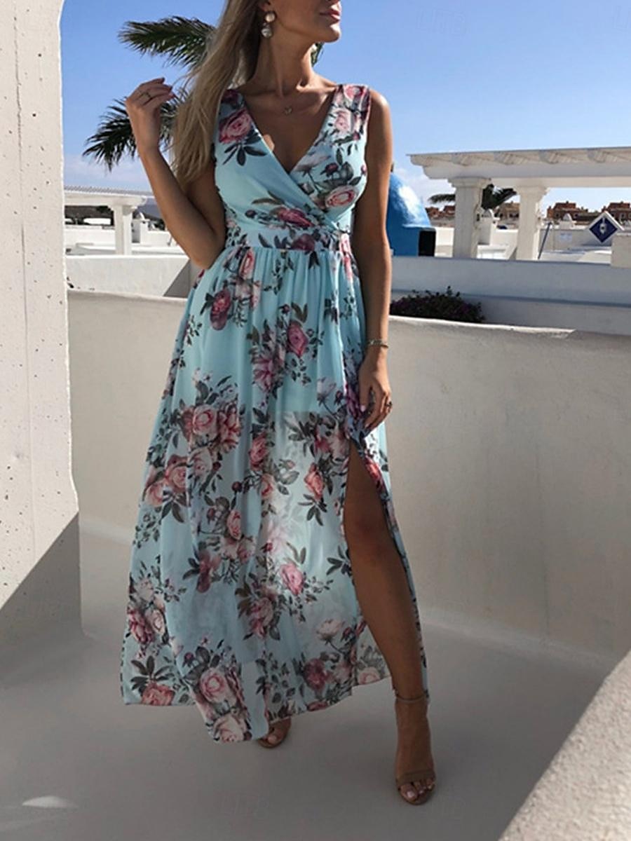 Dam Långklänning Maxiklänning Vardagsklänning Swingklänning A linjeklänning Sommarklänning Hawaiisk Maxi Boho Semester Gata Helgdag Normal Blommig Ärmlös V-hals Gul Rodnande Rosa Grön Ljusblå Sommar 2025 - $41.99 –P2