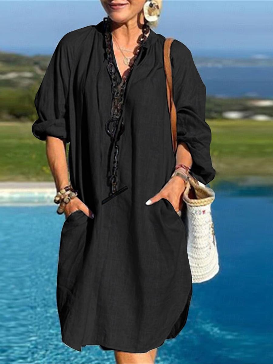 Women's Black Blue Brown Summer Spring Mini Dress Cotton Linen Dresses Shirt Dress Casual Dress Basic Modern Daily Weekend Loose Fit Plain Split Neck 2025 - $26.99 –P2