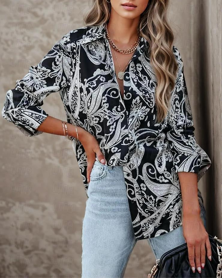 Chemise Femme Manches Longues Blouse à Boutons Mode Imprimé Paisley Classique Regular Tops Col Chemise Décontracté Noir Printemps  Automne de 2025 ? $26.99 –P1
