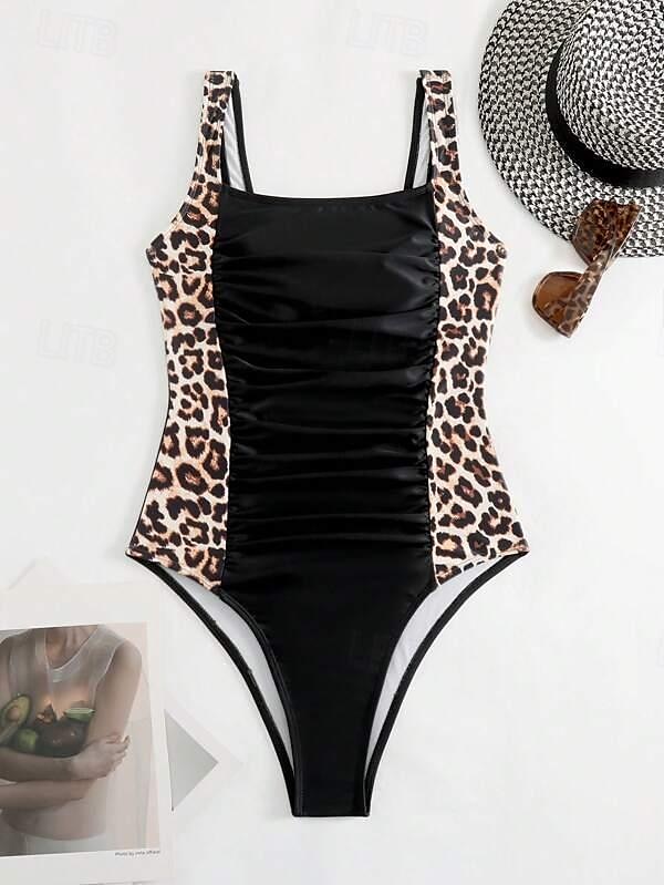 Maiô Feminino de Uma Peça Controle de Barriga Decote Canadense Painéis com Estampa de Leopardos Costas Nadador Ruchado Moda de Verão Praia Secagem Rápida Tecido Stretch Tamanho Completo Maiô Preto de 2025 por $26.99 –P7