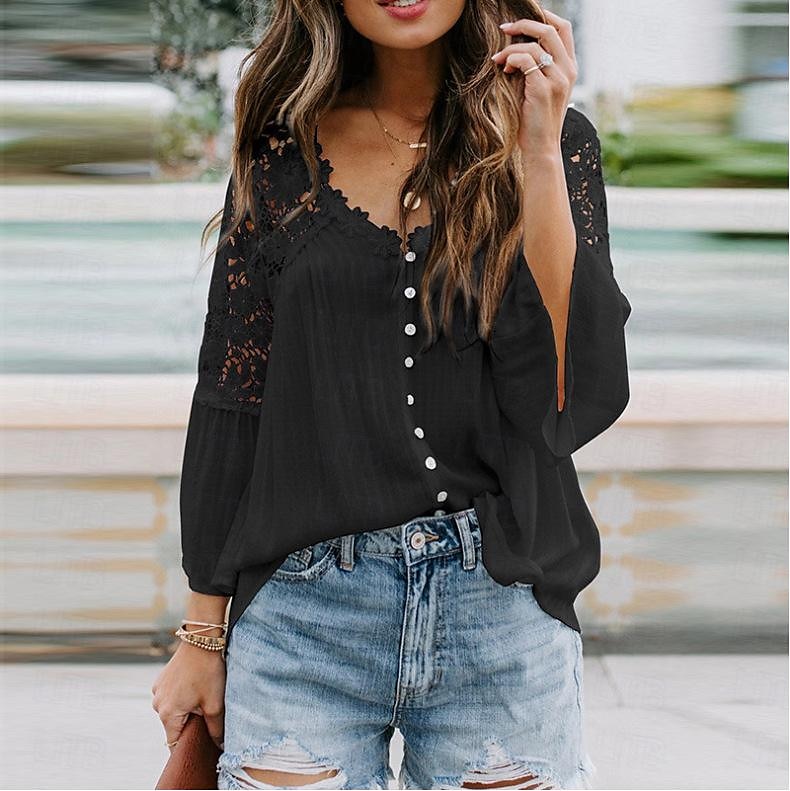 Shirt Boho Shirt Lace Shirt Blouse Women's Black White Pink Solid Color Lace Button Street Daily Fashion V Neck S 2025 - $24.99 –P1