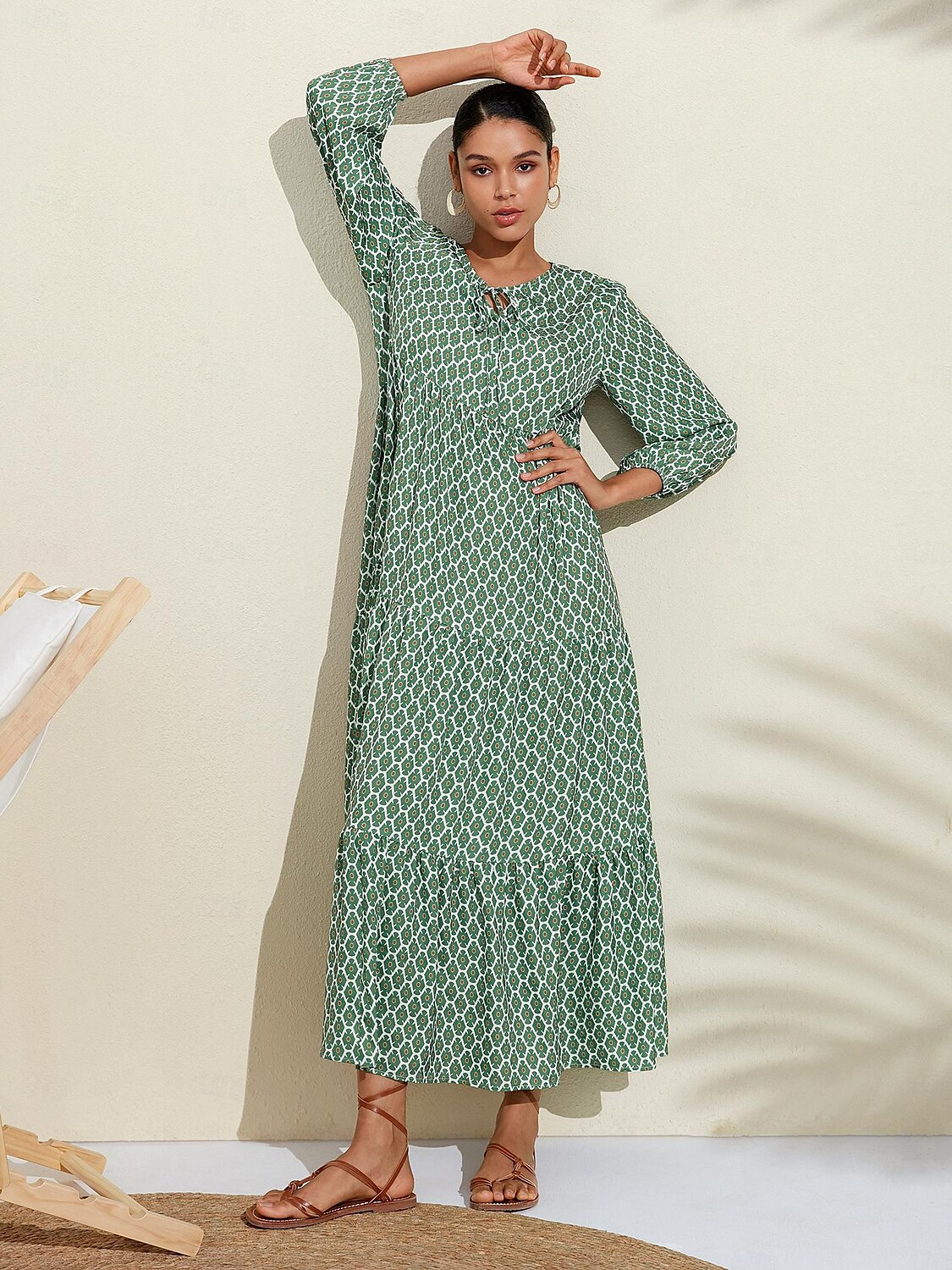 Per donna Abito linea A Orlo maxi Vestito maxi Verde Manica lunga Geometrico geometrico geometrico Primavera A V Vestito con motivo Stile di moda semplice Da mare S M L del 2025 a $72.99 –P4