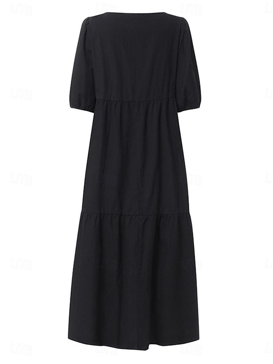 Damen mittellanges Kleid weiß gestuft Bohemian Stil kurze Puffärmel lässig fließend Strand Sommer atmungsaktive Baumwolle Kleidung Bekleidung 2025 - $46.99 –P5