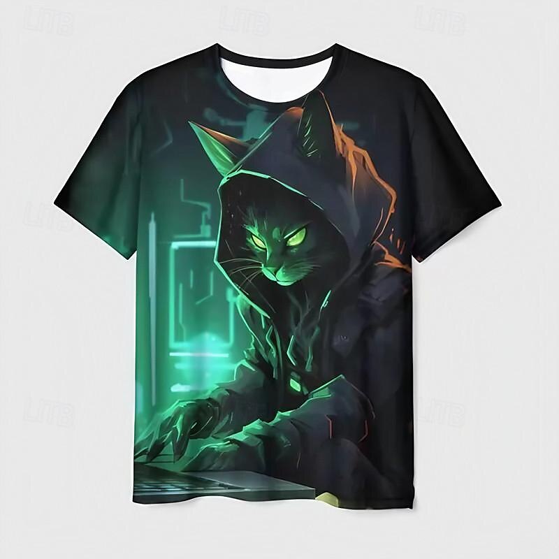 Gutt 3D Katt T-skjorte Skjorte Kortermet 3D-utskrift Sommer Aktiv Sport Mote Polyester Barn 3-12 år Crew-hals utendørs Avslappet Daglig Normal 2025 - $11.99 –P1