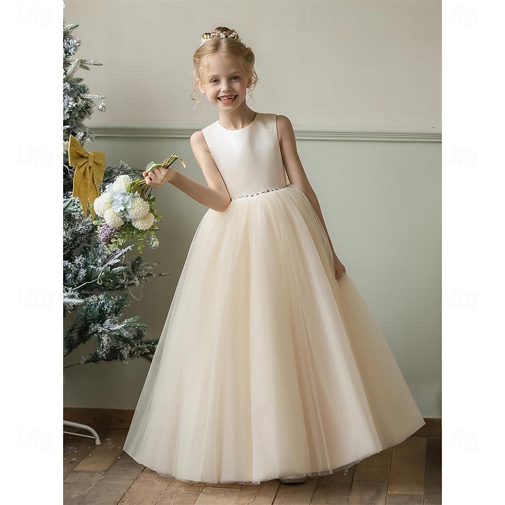 Barn Jente Blomsterjente kjole Festkjole Helfarge Ermeløs Bryllup jubileum Fest Mote Bedårende Daglig Polyester Vår Høst Vinter 2-12 år Hvit Champagne Gul 2025 - $53.99 –P4
