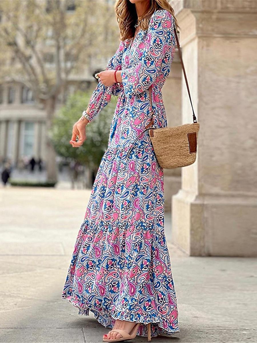 Damen kleid lang Paisley-Kleid Casual kleid Boho Chic Kleider Boho-Kleid Böhmen Ethnisch A-Linie Urlaub Strasse Festtage Lockere Passform Paisley-Muster Langarm V Ausschnitt Rosa Blau Grün Sommer 2025 - $52.99 –P5