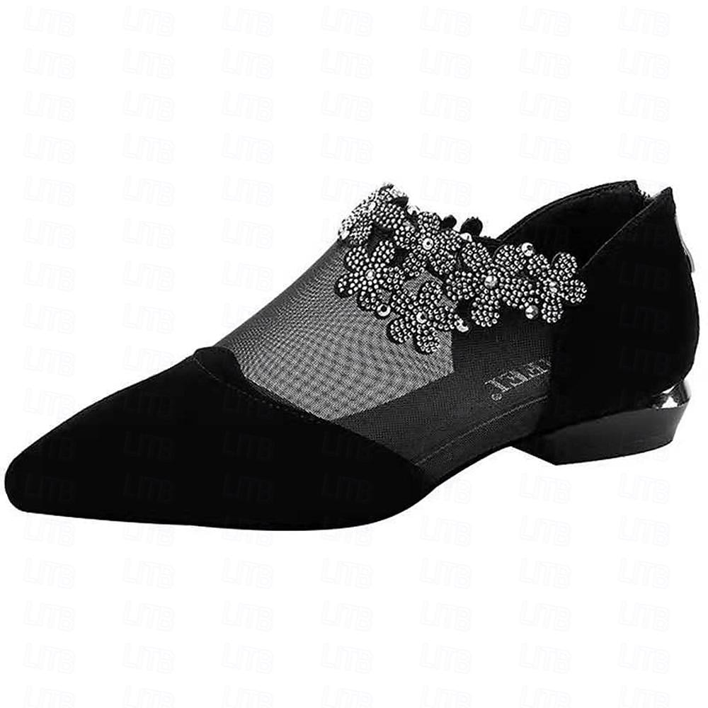 bottines en maille noire pour femmes avec ornements floraux en strass - chaussures élégantes à talon bas et bout pointu pour événements formels et fêtes de 2025 ? $32.99 –P1