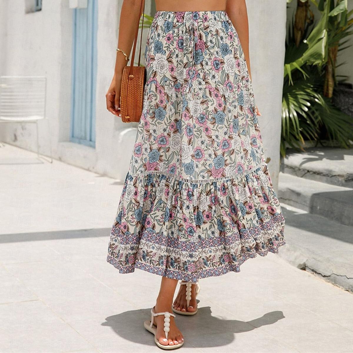 Dames Rok A-lijn Schommel Bohemen Casual Boho Maxi Hoge taille Rokken Bloemig Ruche Bloemig Afdrukken Vakantie Feestdagen Rood Oranje Donkerblauw Beige Zomer Rayon 2025 - $23.99 –P11