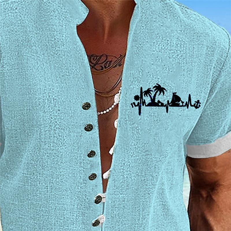 Voor heren Palmboom Tropische planten Hawaiiaans overhemd Aloha-shirt Bedrukte overhemden Korte Mouw Overhemd Opstaande boord Hawaii Toevlucht Buiten Vakantie Uitgaan blauw Groen Grijs S M L 2025 - $24.99 –P7