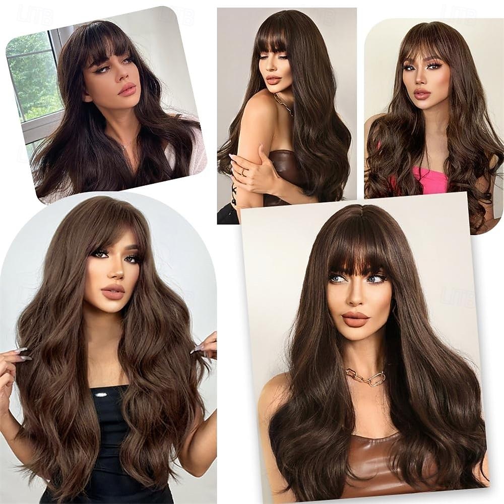 Perruque ondulée longue marron moyen avec frange pour femme 26 pouces d'aspect naturel en fibre synthétique résistante à la chaleur de remplacement de cheveux d'aspect naturel perruque longue ondulée de 2025 ? $29.99 –P3