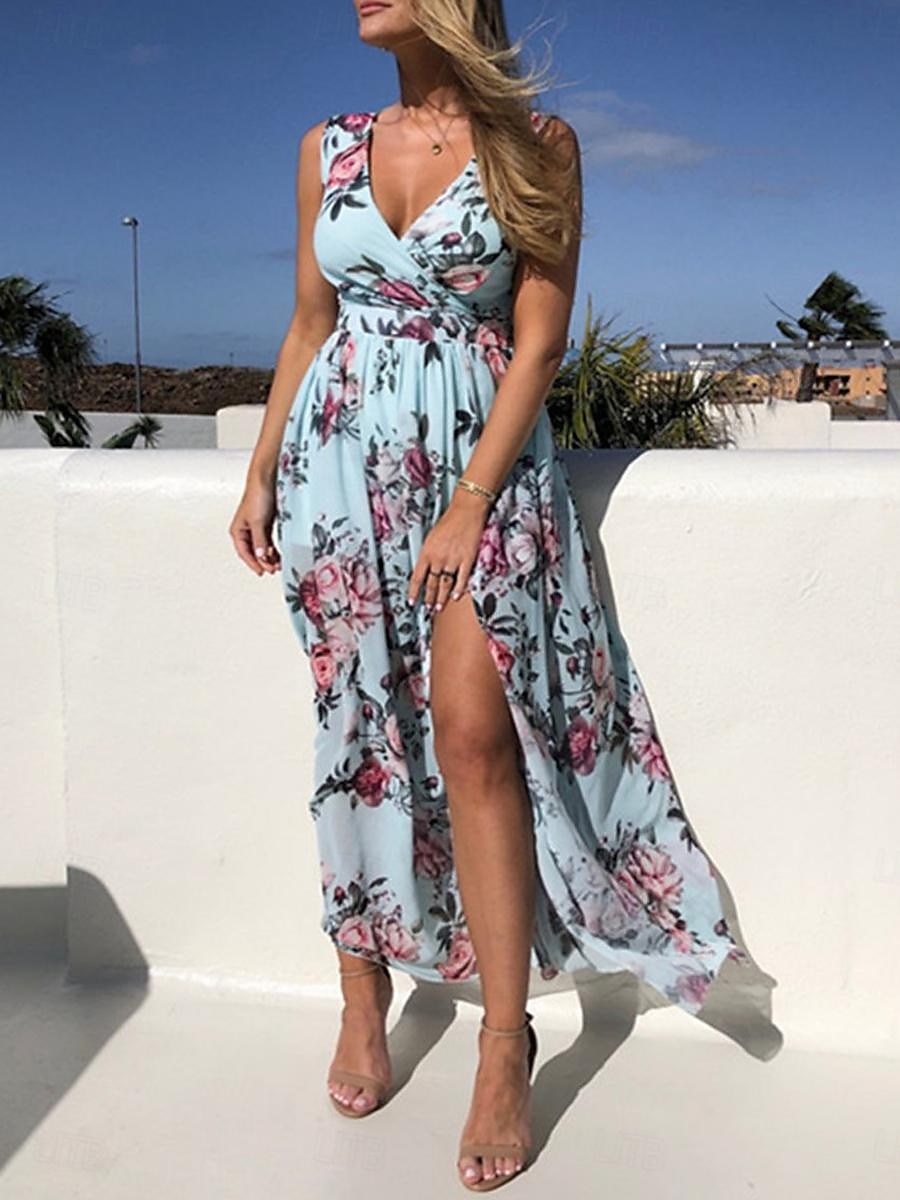Dam Långklänning Maxiklänning Vardagsklänning Swingklänning A linjeklänning Sommarklänning Hawaiisk Maxi Boho Semester Gata Helgdag Normal Blommig Ärmlös V-hals Gul Rodnande Rosa Grön Ljusblå Sommar 2025 - $41.99 –P1