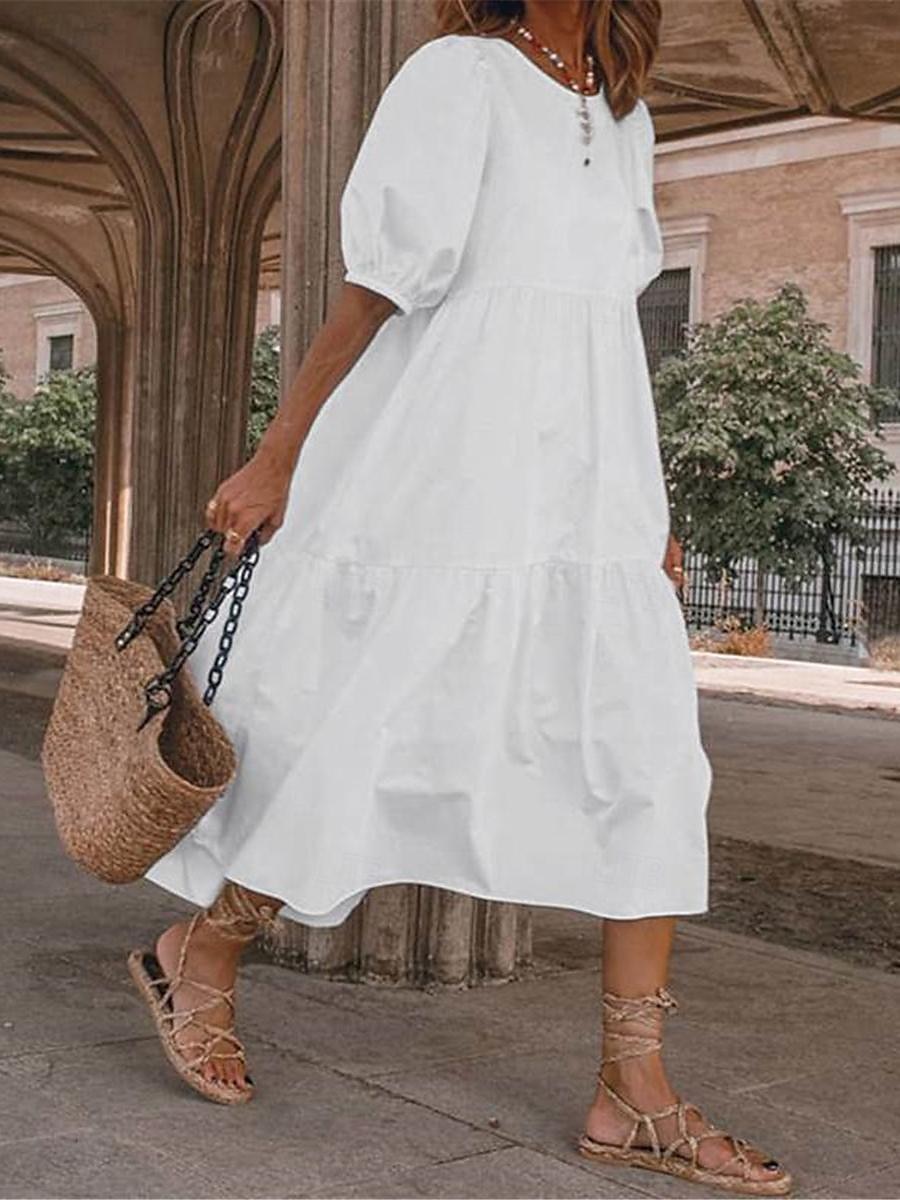 Damen mittellanges Kleid weiß gestuft Bohemian Stil kurze Puffärmel lässig fließend Strand Sommer atmungsaktive Baumwolle Kleidung Bekleidung 2025 - $46.99 –P1