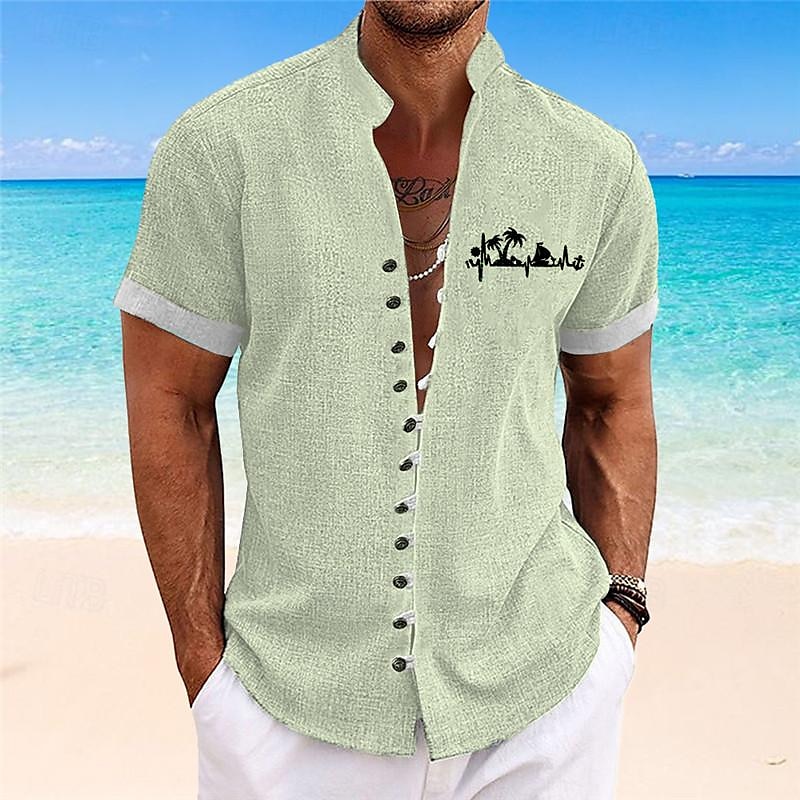 Voor heren Palmboom Tropische planten Hawaiiaans overhemd Aloha-shirt Bedrukte overhemden Korte Mouw Overhemd Opstaande boord Hawaii Toevlucht Buiten Vakantie Uitgaan blauw Groen Grijs S M L 2025 - $24.99 –P9