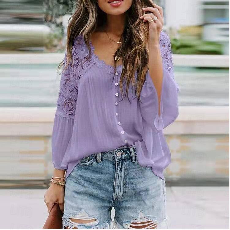 Shirt Boho Shirt Lace Shirt Blouse Women's Black White Pink Solid Color Lace Button Street Daily Fashion V Neck S 2025 - $24.99 –P5