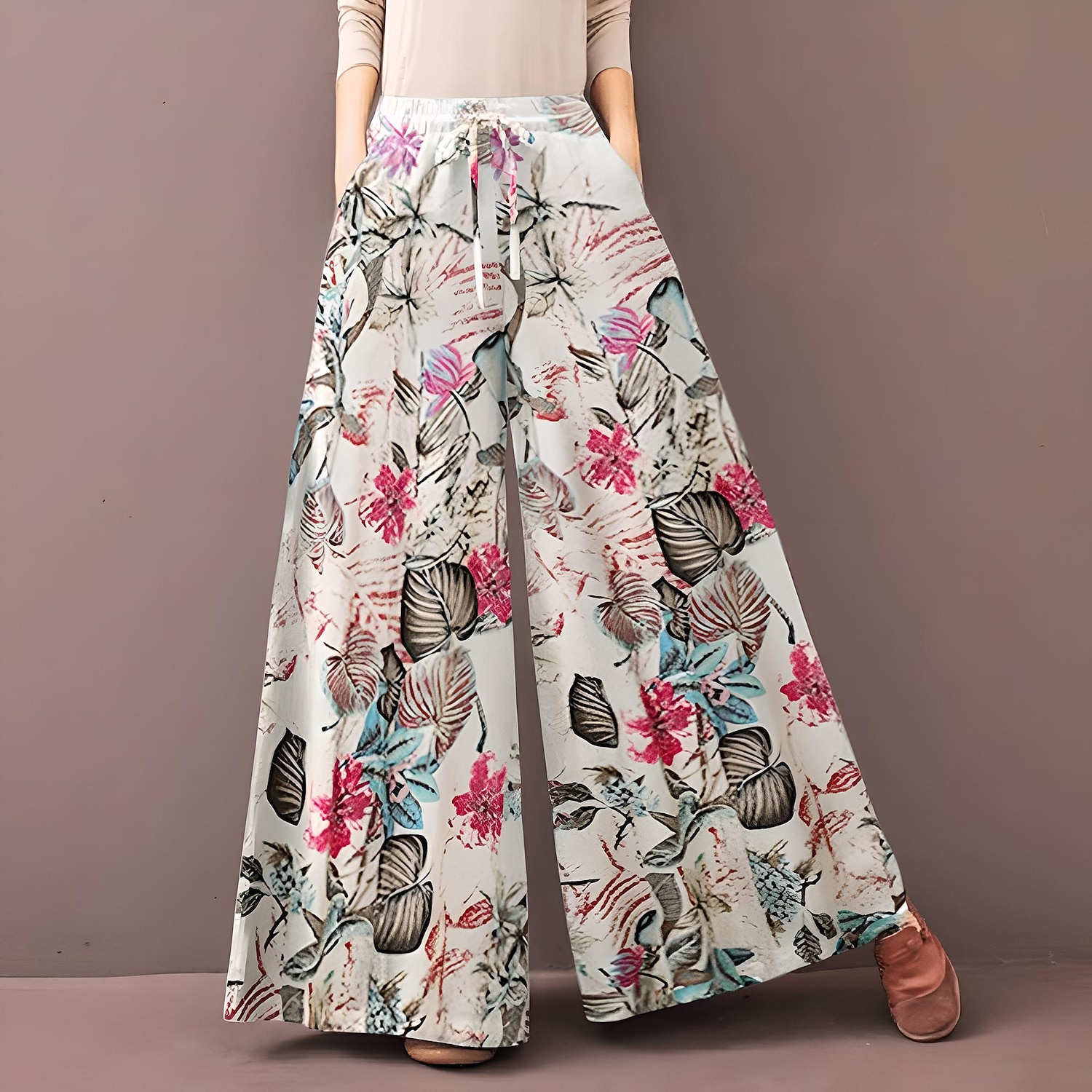 Damen Normal Weite Hosenbeine Weites Bein Hosen Hose Baggy-Hosen Mode Volle Länge Mittlere Taille Blume / Blumenmuster Seitentaschen Baggy Hoher Schnitt Komfort Unelastisch Lässig Wochenende Gelb 2026 - $26.99 –P9
