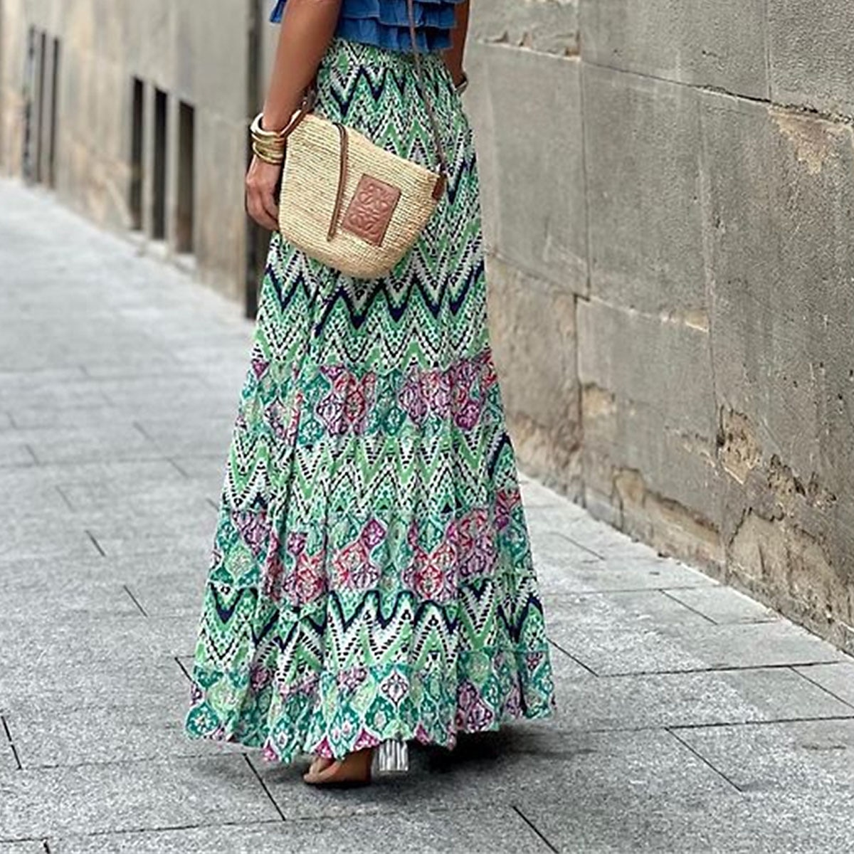 dámská sukně linka swing dlouhá sukně maxi vysoký pas sukně volánkový potisk květinový geometrický denní dovolená letní móda ležérní boho růžová modrá zelená světle modrá 2025 - $26.99 –P14