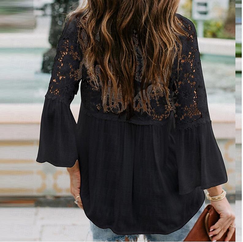 Shirt Boho Shirt Lace Shirt Blouse Women's Black White Pink Solid Color Lace Button Street Daily Fashion V Neck S 2025 - $24.99 –P2