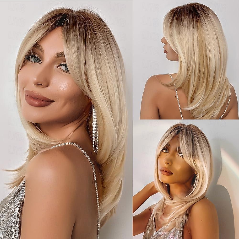 parrucca bionda con frangia parrucche bionde corte e ondulate con radici scure per donne capelli sintetici resistenti al calore parrucche carine dall'aspetto naturale per del 2025 a $18.99 –P11