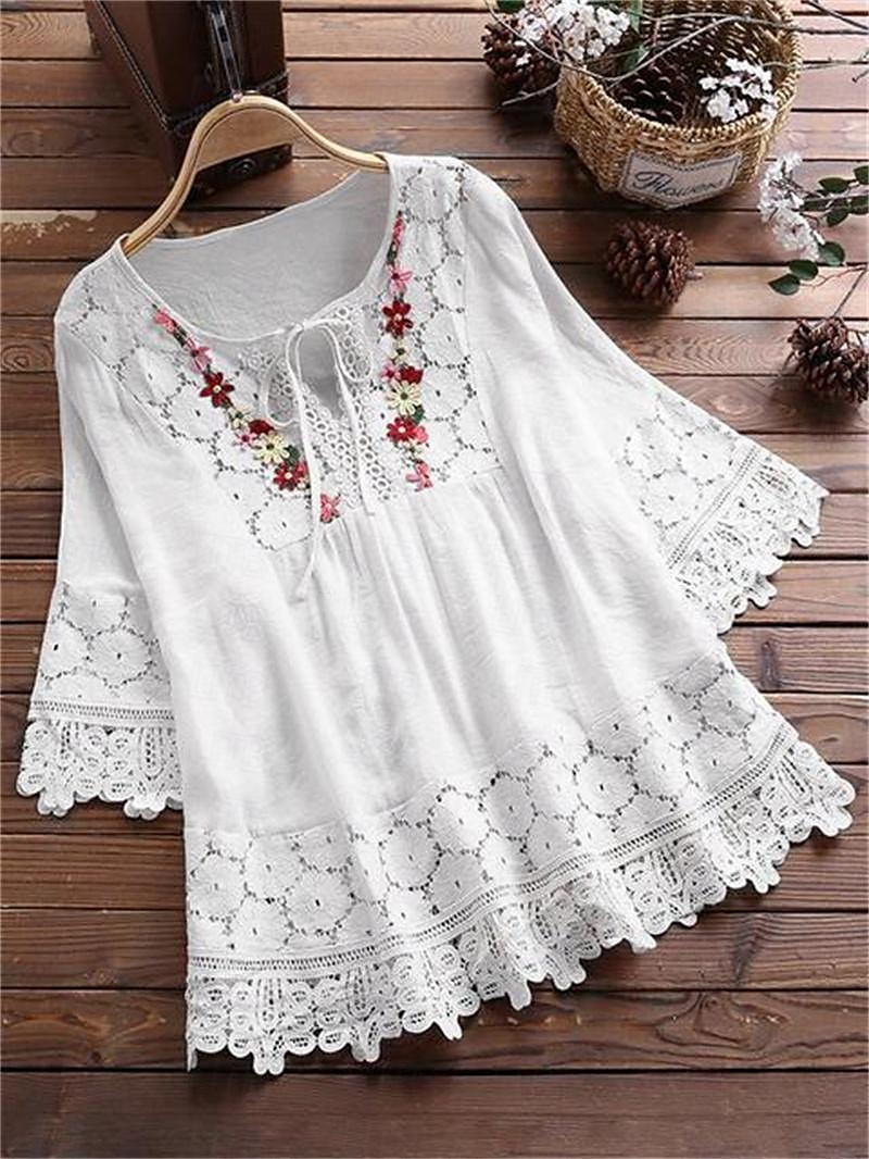Női Ing Boho ing Csipke ing Blúz Virágos Divat Kerek Utca Napi Fűzős Csipke Fehér Arcpír rózsaszín Medence Bíbor Lóhere Nyár 2025 - $25.99 –P1