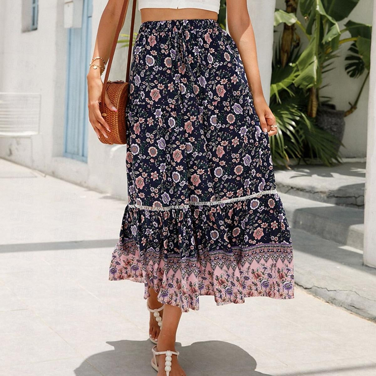 Dames Rok A-lijn Schommel Bohemen Casual Boho Maxi Hoge taille Rokken Bloemig Ruche Bloemig Afdrukken Vakantie Feestdagen Rood Oranje Donkerblauw Beige Zomer Rayon 2025 - $23.99 –P8