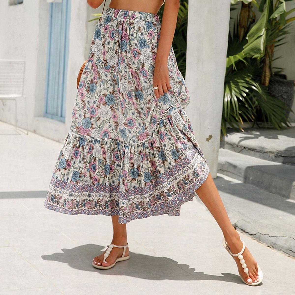 Dames Rok A-lijn Schommel Bohemen Casual Boho Maxi Hoge taille Rokken Bloemig Ruche Bloemig Afdrukken Vakantie Feestdagen Rood Oranje Donkerblauw Beige Zomer Rayon 2025 - $23.99 –P10
