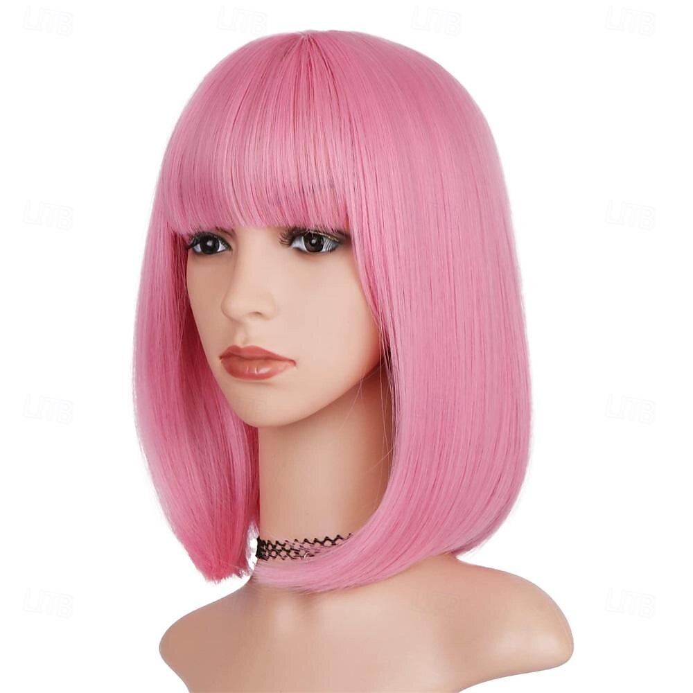 perruque bob rose avec frange pour femmes perruques roses courtes et droites de 12 pouces perruques colorées synthétiques de 2025 ? $26.99 –P1