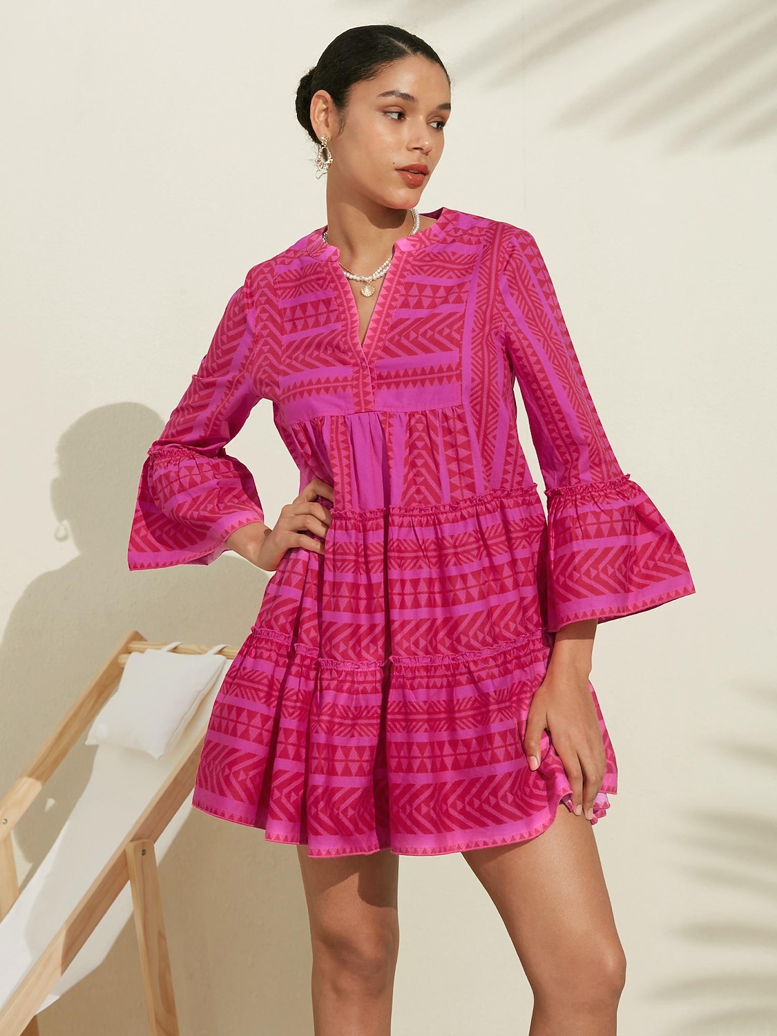 Damskie Codzienne sukienki Letnie sukienki Różowa sukienka Rumiany róż Rękaw 3/4 Geometryczny Wzór w paski %100 Pamuk Falbana Falbany Luźna Wiosna i lato Boho Walentynki Prosty styl mody Urlop Plaża 2025 - $135.99 –P7