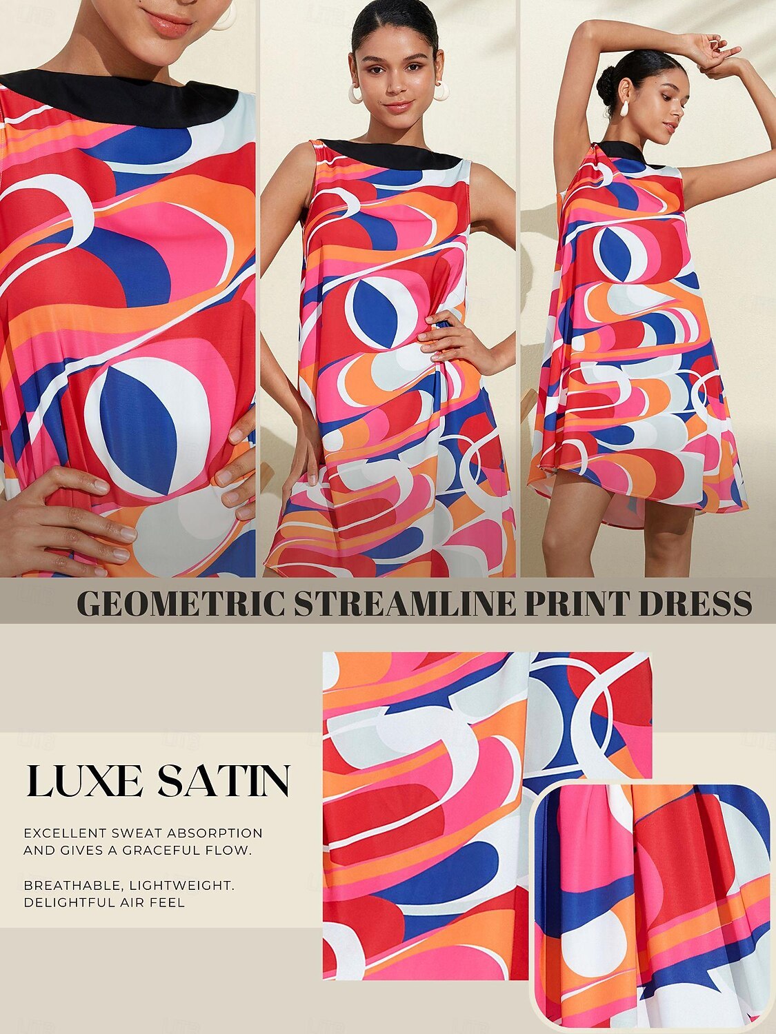 vestido de cetim com estampa geométrica colorida e simplificada de 2025 por $64.99 –P1