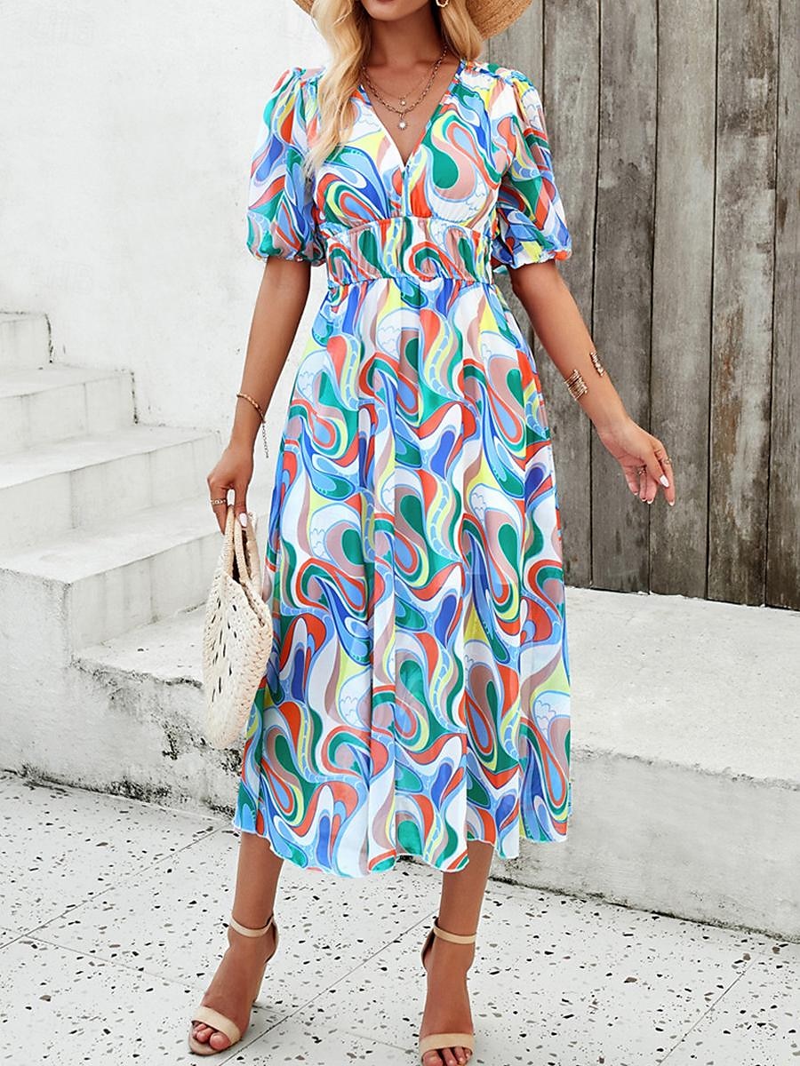 robe décontractée pour femme imprimé floral col en V robe midi ethnique bohème vacances manches courtes été de 2025 ? $29.99 –P11