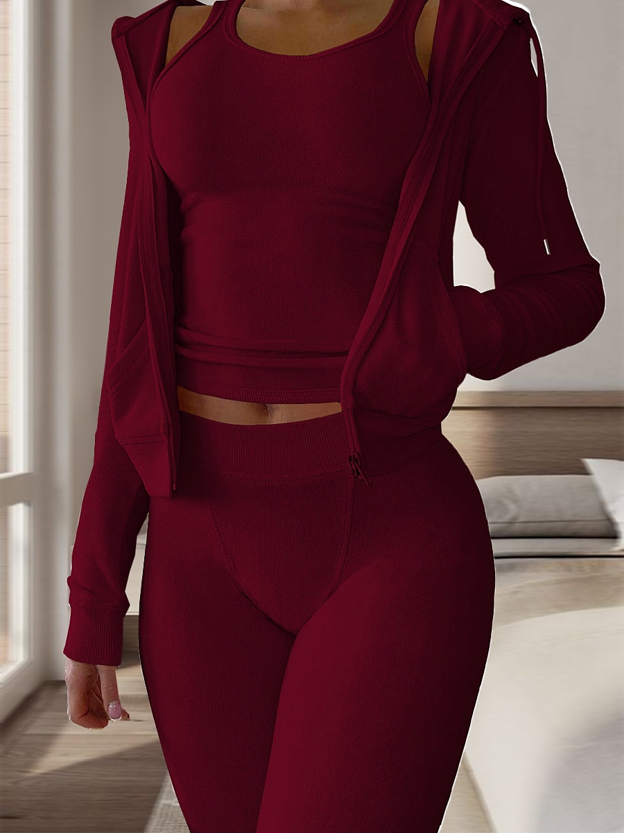 Women's Pajamas Sets 3 Pieces Pure Color Warm Fashion Plush Home Daily Bed Flannel Warm Breathable Hoodie Long Sleeve Hoodie Pant Fall Winter Home Outfits 2025 - $38.99 –P11
