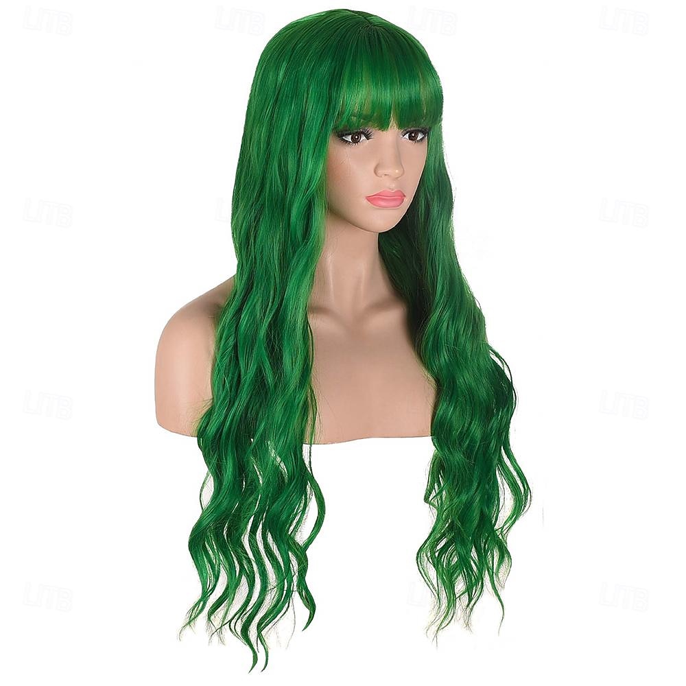 hosszú hullámos zöld paróka frufruval hőálló szintetikus haj parókák nőknek halloween jelmez cosplay party St.patrick napi parókák 2025 - $20.99 –P7