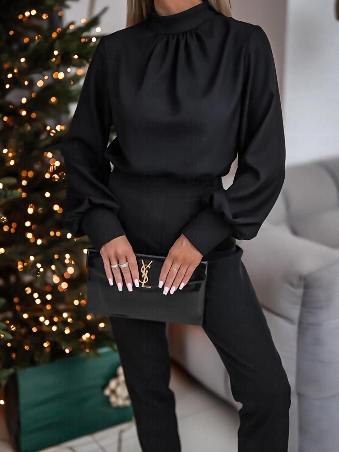 Overhemd Blouse Dames Zwart Wit Khaki Heldere kleur Gerimpeld Dagelijks Elegant Ronde Normale pasvorm S 2025 - $29.99 –P3