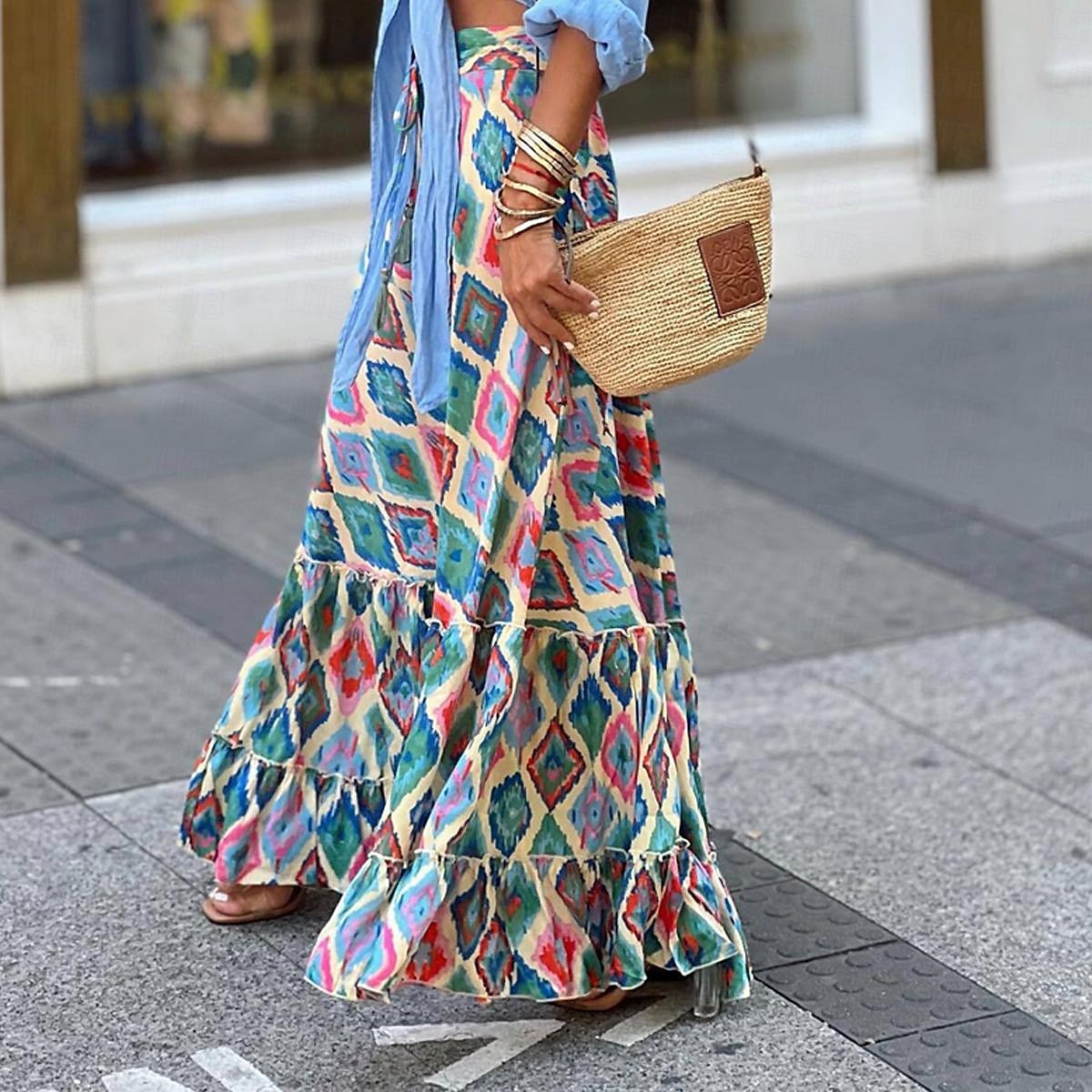 damkjol en linje gunga bohemia maxi hög midja kjolar med blommönster geometriskt rutigt gatesemester sommar casual boho blå 2025 - $23.99 –P1