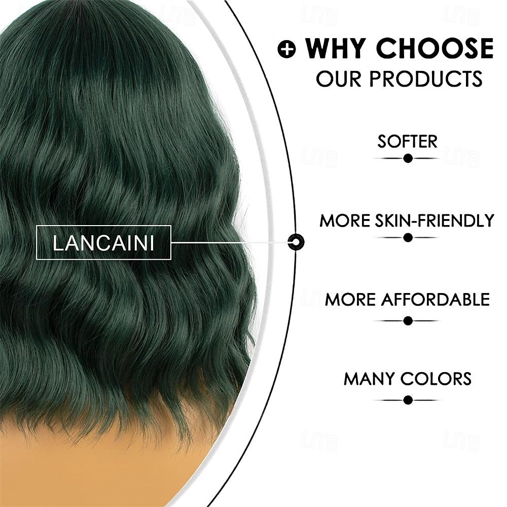 Dark Green Short Bob Wigs with Bangs for Women Loose Wavy Wig Curly Wavy Shoulder Length Bob Synthetic Cosplay Wig for Girl Colorful Costume Wigs St.Patrick's Day Wigs Halloween Wigs 2026 - $18.49 –P10