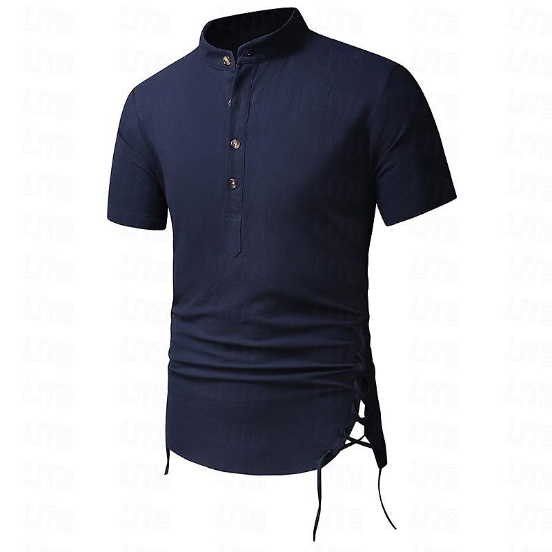 Hombre Camisa camisa de lino Camisa de lino de algodón Camisa de algodón blanca Camisa de cuello chino Camisa de cuello mandarín Plano Vacaciones Calle Negro Blanco Azul Marino Caqui Manga Corta 2025 - $30.99 –P14