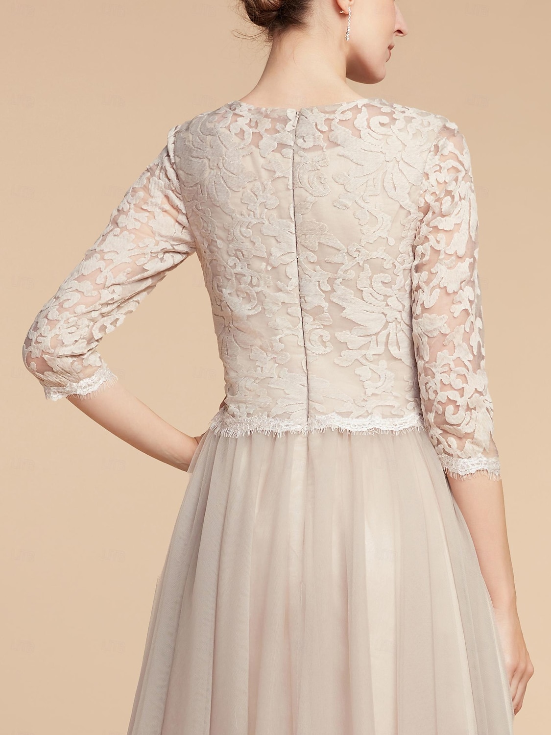 A-Line Mother of the Bride Dress Wedding Guest Elegant Petite Crew Neck Knee Length Lace Tulle Half Sleeve with Pleats Solid Color 2025 2025 - $61.99 –P2