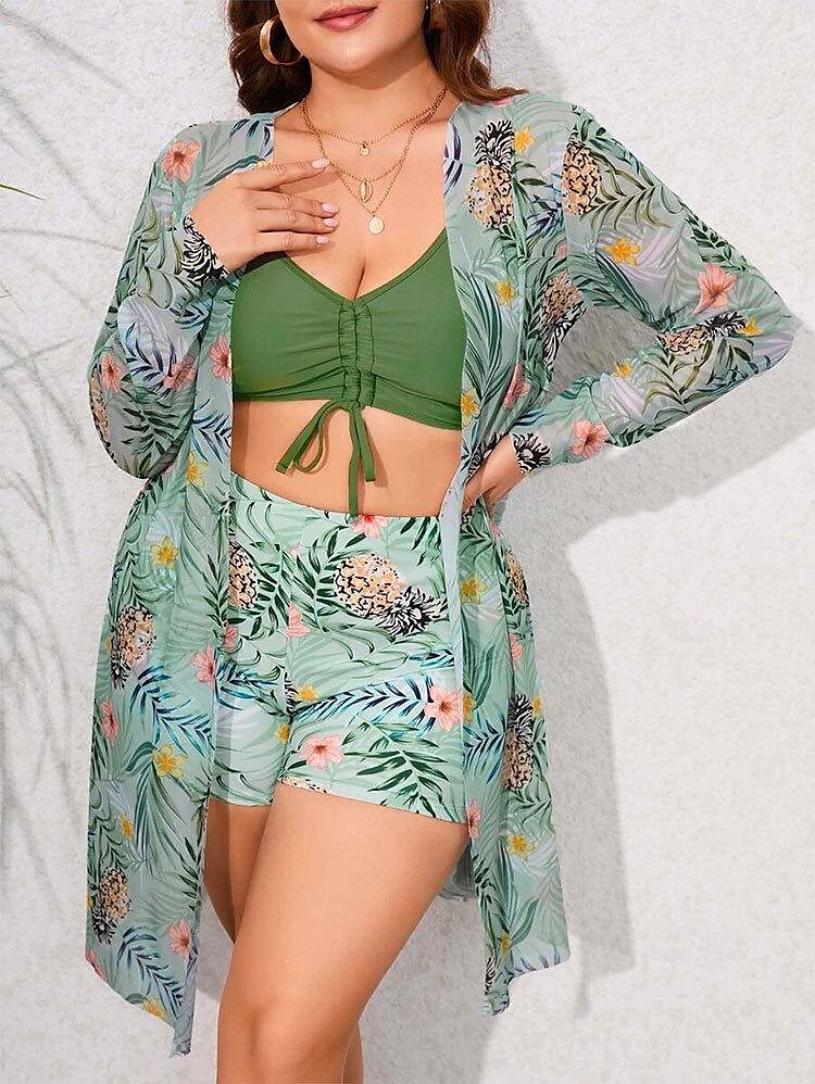 Women's Plus Size Pajamas Sexy Bodies Sets Floral Hot Sexy Holiday Home Bed Swimming Polyester Outdoor Stretchy Sleeveless 3-Piece Printing Summer Green 2024 - $32.99 –P1