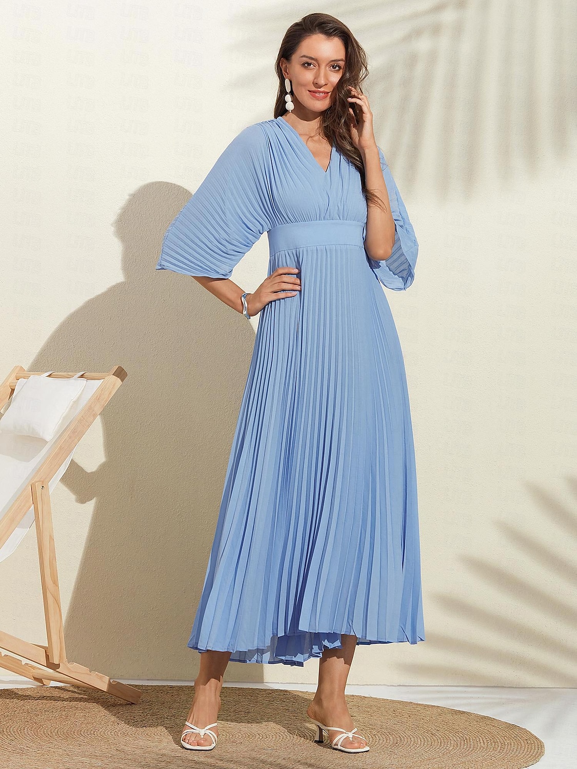 robe d'invité de mariage pour femme maxi bleu col en v manches dolman plissée en mousseline de soie de 2025 ? $82.99 –P2